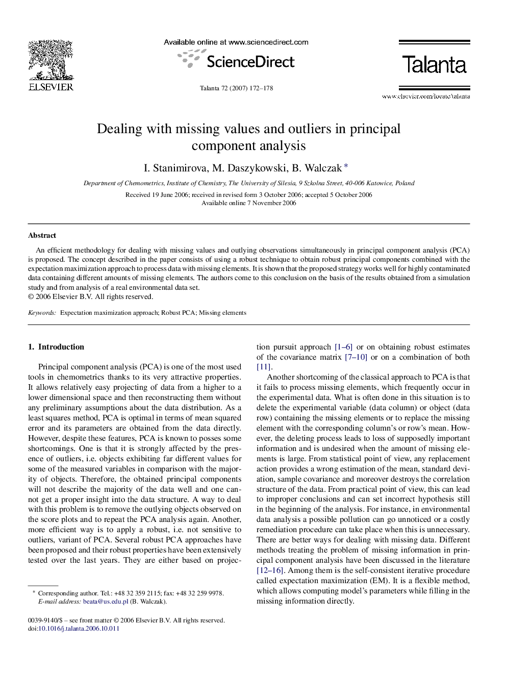 Dealing with missing values and outliers in principal component analysis