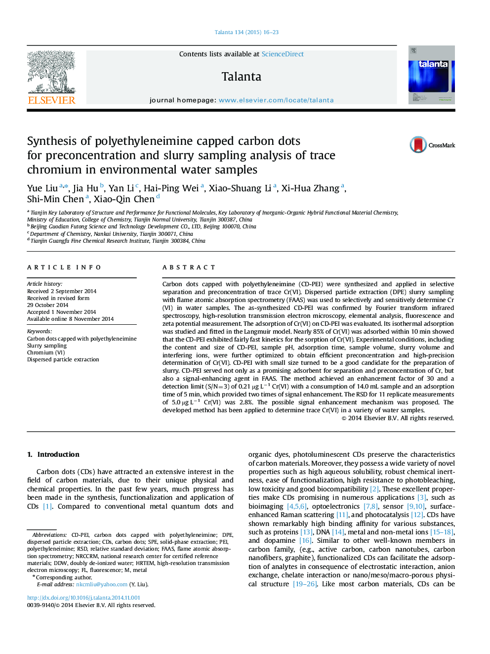 Synthesis of polyethyleneimine capped carbon dots for preconcentration and slurry sampling analysis of trace chromium in environmental water samples