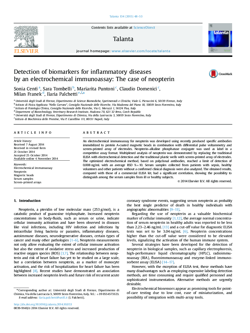 Detection of biomarkers for inflammatory diseases by an electrochemical immunoassay: The case of neopterin