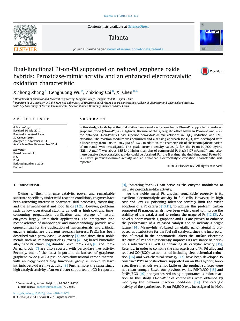 Dual-functional Pt-on-Pd supported on reduced graphene oxide hybrids: Peroxidase-mimic activity and an enhanced electrocatalytic oxidation characteristic