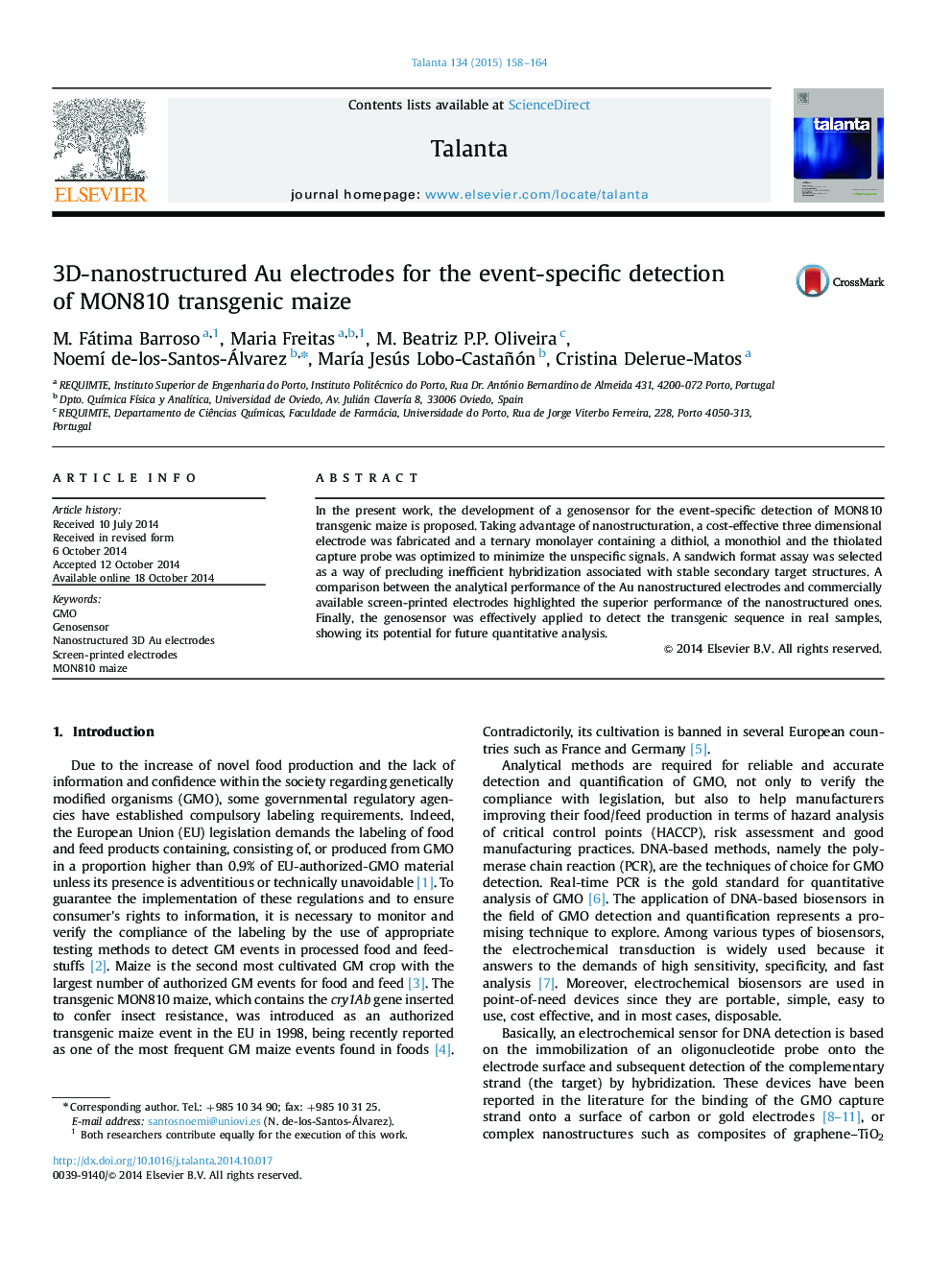 3D-nanostructured Au electrodes for the event-specific detection of MON810 transgenic maize