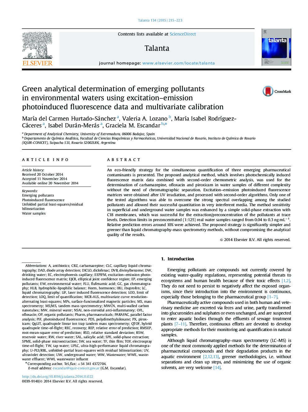 Green analytical determination of emerging pollutants in environmental waters using excitation–emission photoinduced fluorescence data and multivariate calibration