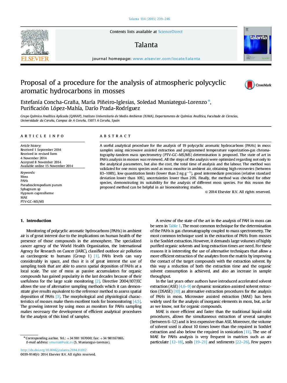 Proposal of a procedure for the analysis of atmospheric polycyclic aromatic hydrocarbons in mosses