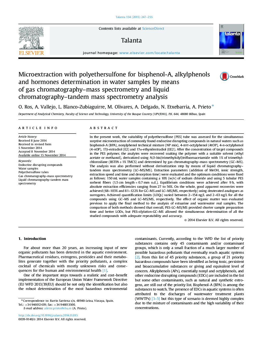 Microextraction with polyethersulfone for bisphenol-A, alkylphenols and hormones determination in water samples by means of gas chromatography–mass spectrometry and liquid chromatography–tandem mass spectrometry analysis