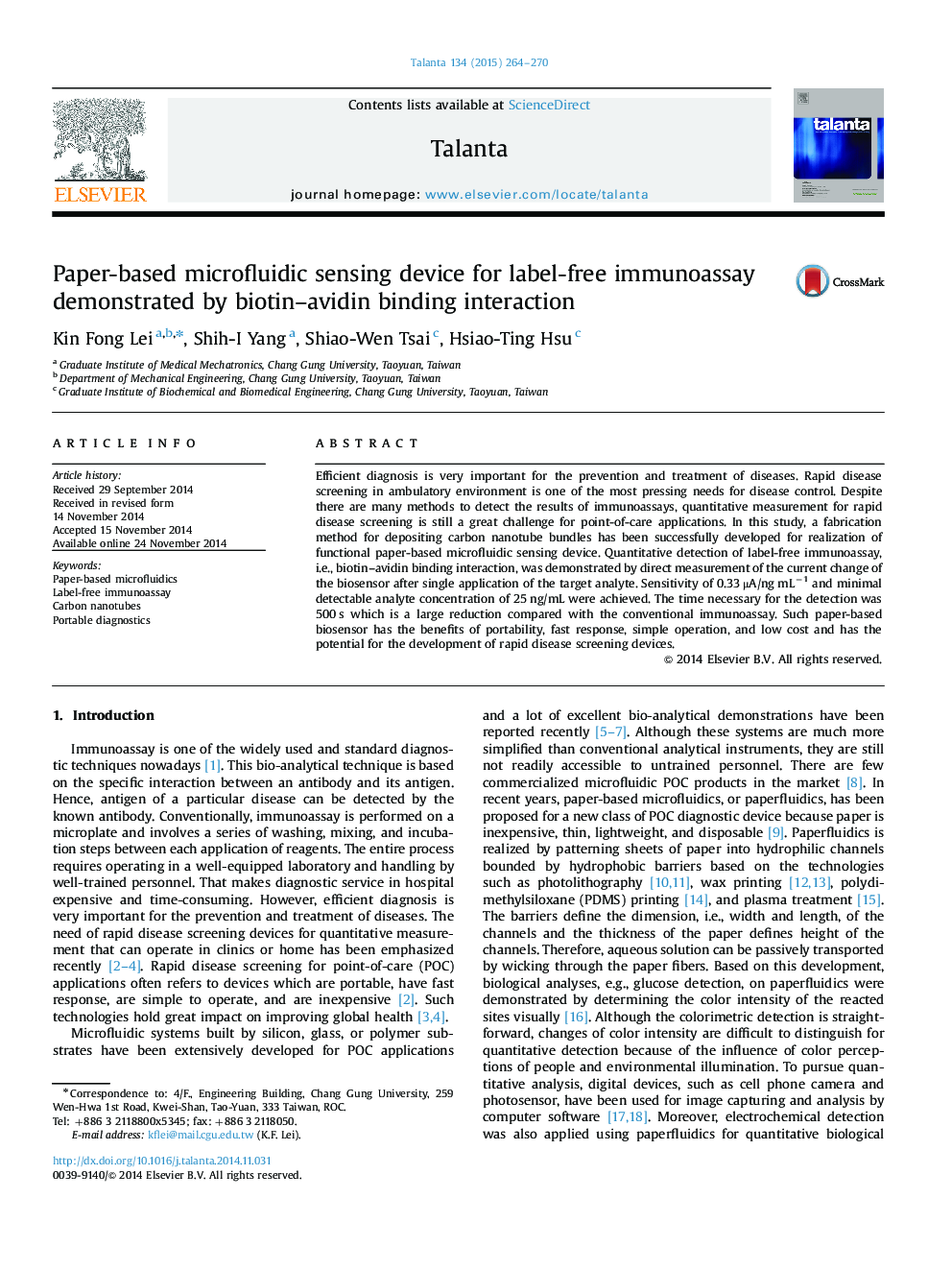 Paper-based microfluidic sensing device for label-free immunoassay demonstrated by biotin–avidin binding interaction