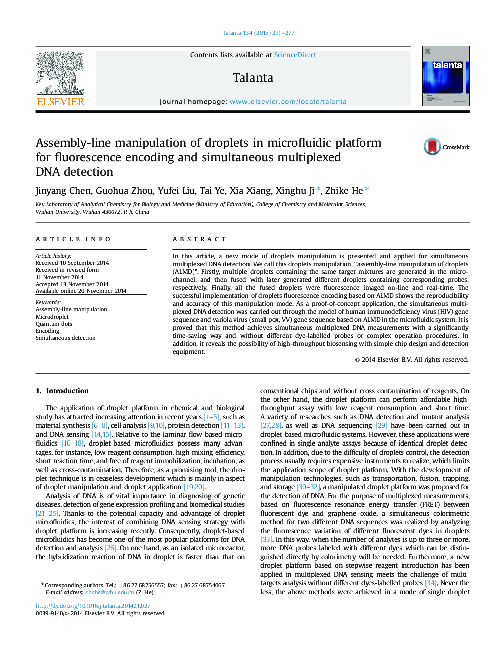 Assembly-line manipulation of droplets in microfluidic platform for fluorescence encoding and simultaneous multiplexed DNA detection