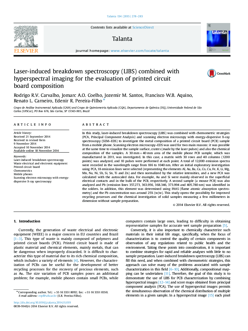 Laser-induced breakdown spectroscopy (LIBS) combined with hyperspectral imaging for the evaluation of printed circuit board composition