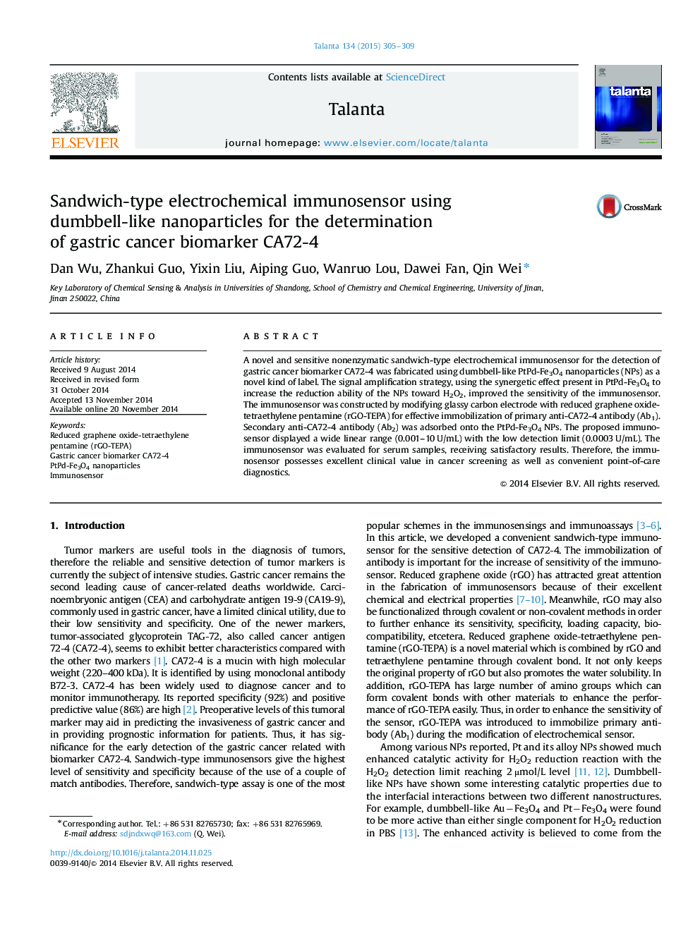 Sandwich-type electrochemical immunosensor using dumbbell-like nanoparticles for the determination of gastric cancer biomarker CA72-4