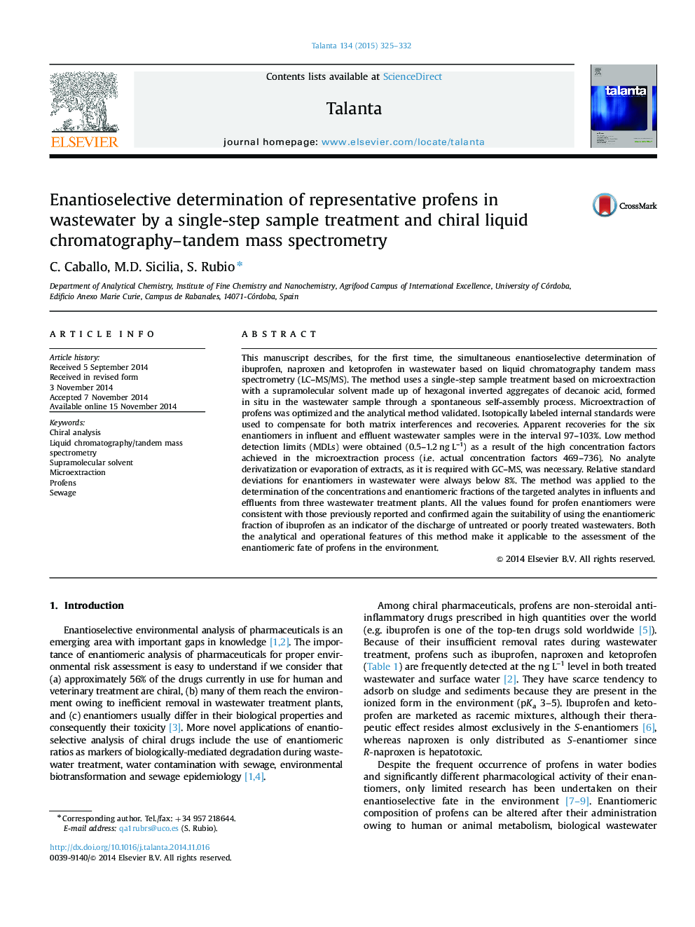 Enantioselective determination of representative profens in wastewater by a single-step sample treatment and chiral liquid chromatography–tandem mass spectrometry