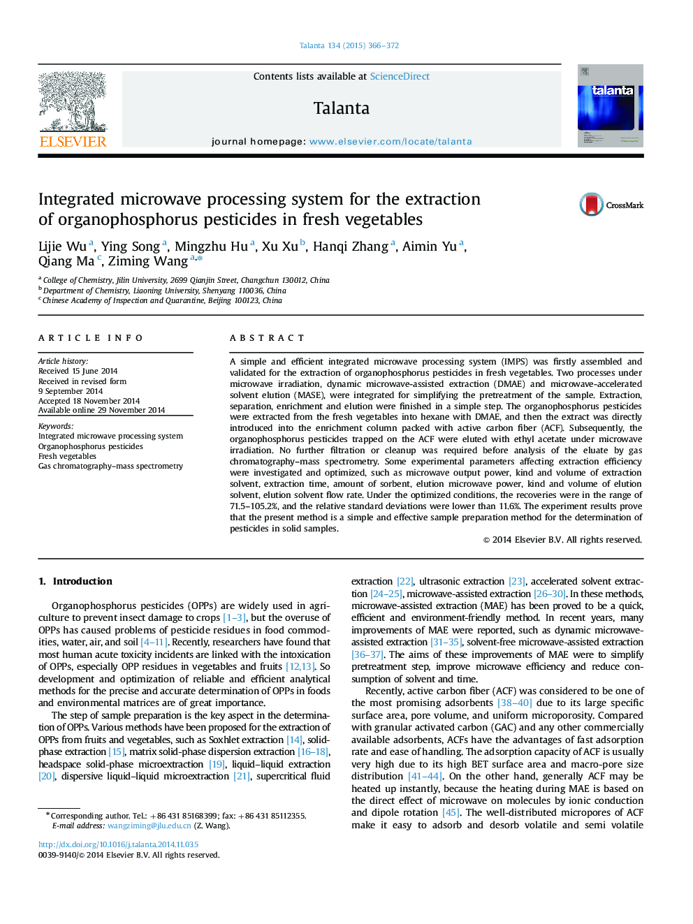 Integrated microwave processing system for the extraction of organophosphorus pesticides in fresh vegetables