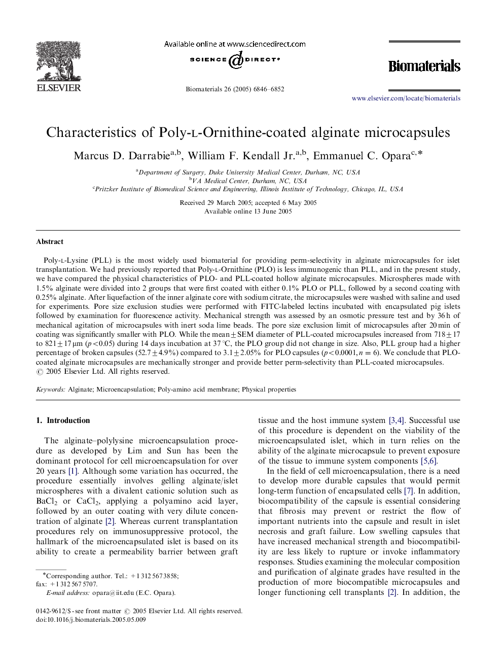 Characteristics of Poly-l-Ornithine-coated alginate microcapsules
