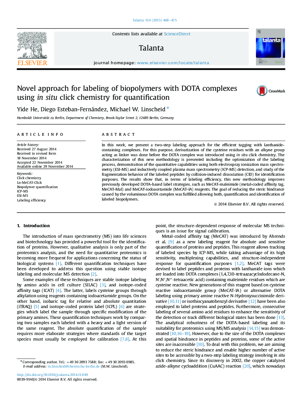 Novel approach for labeling of biopolymers with DOTA complexes using in situ click chemistry for quantification