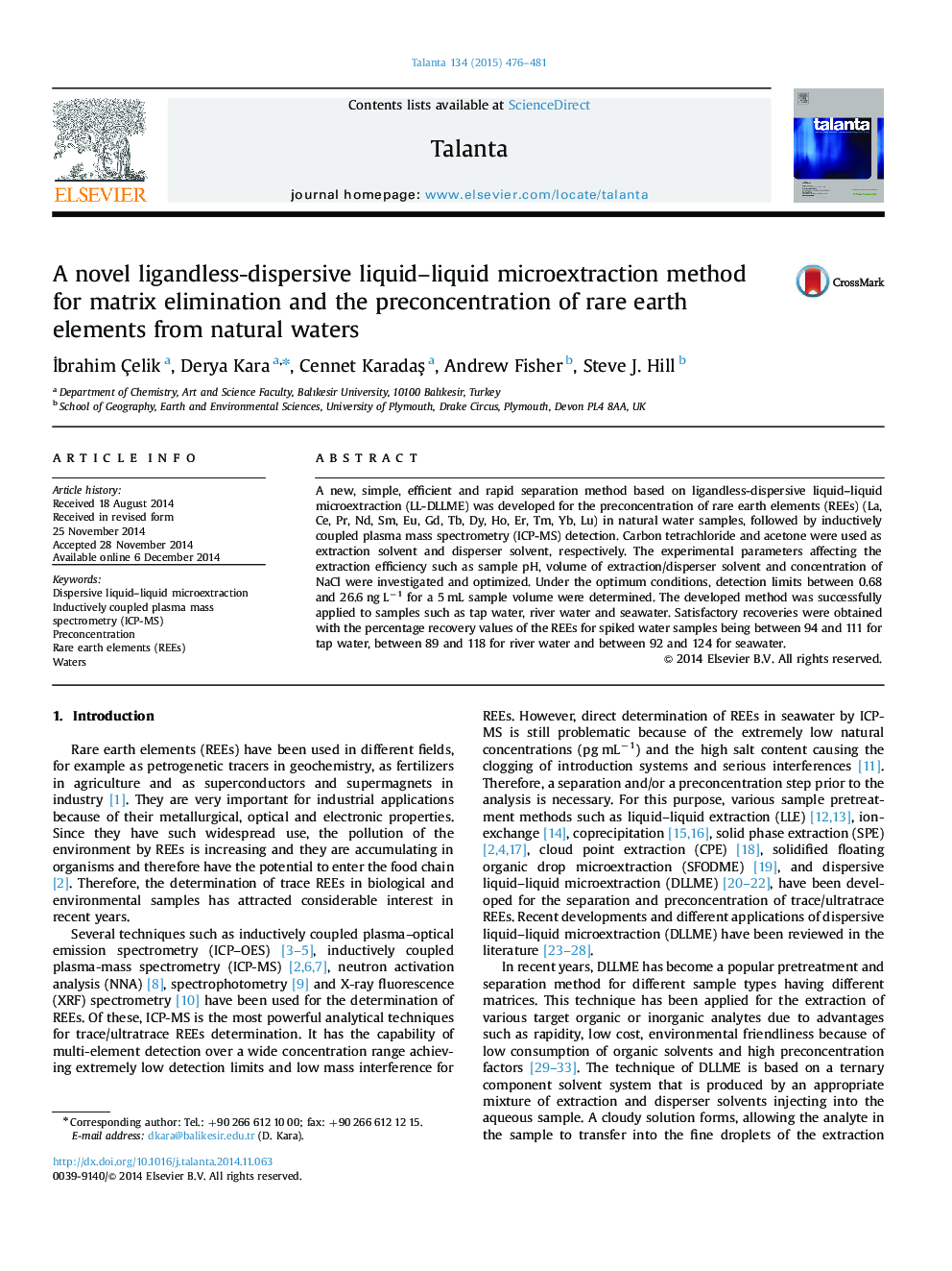 A novel ligandless-dispersive liquid–liquid microextraction method for matrix elimination and the preconcentration of rare earth elements from natural waters