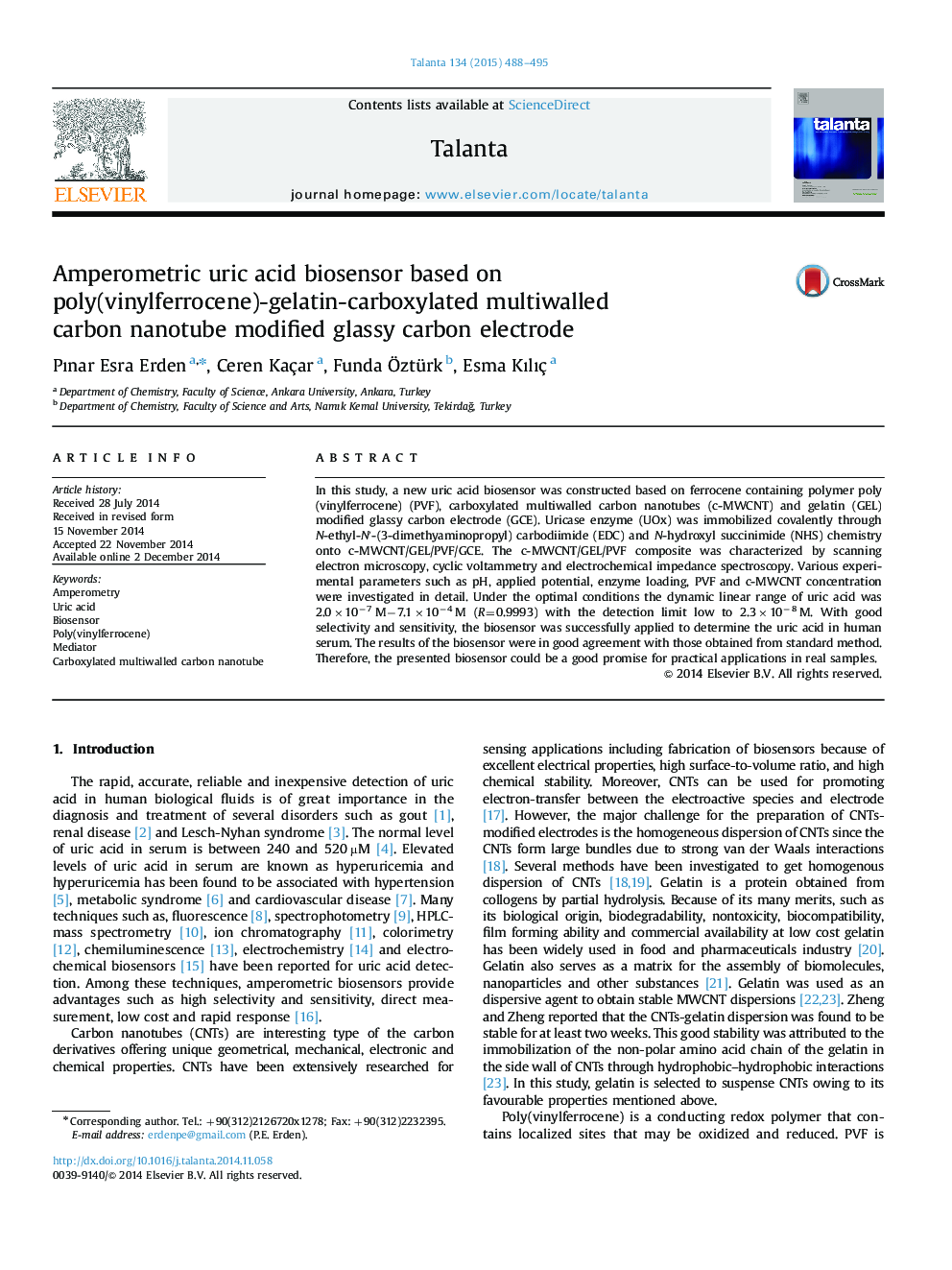 Amperometric uric acid biosensor based on poly(vinylferrocene)-gelatin-carboxylated multiwalled carbon nanotube modified glassy carbon electrode