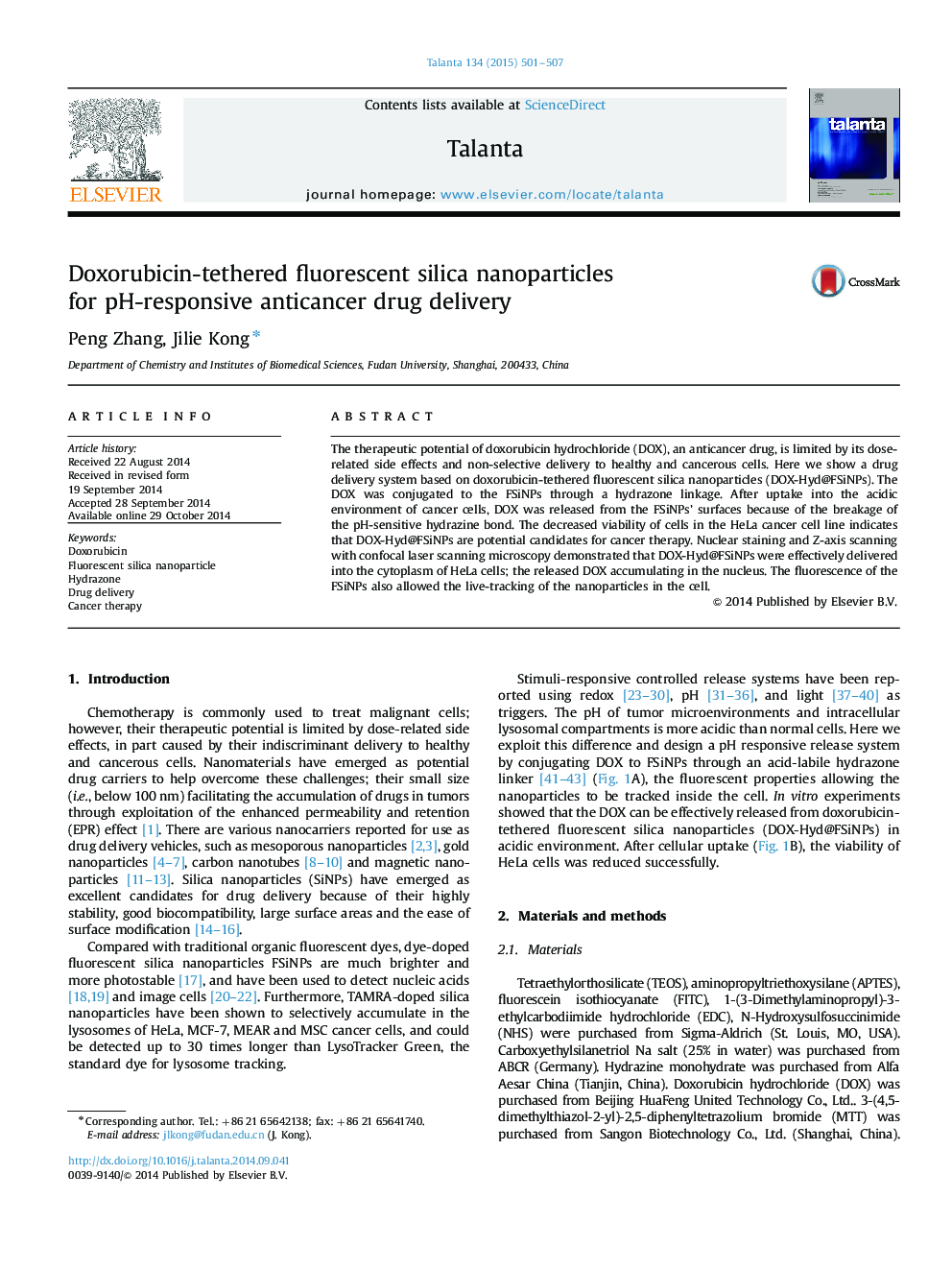 Doxorubicin-tethered fluorescent silica nanoparticles for pH-responsive anticancer drug delivery