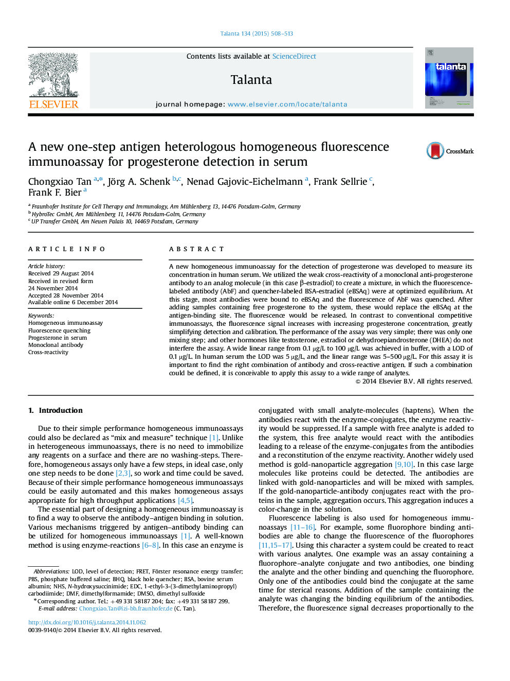 A new one-step antigen heterologous homogeneous fluorescence immunoassay for progesterone detection in serum