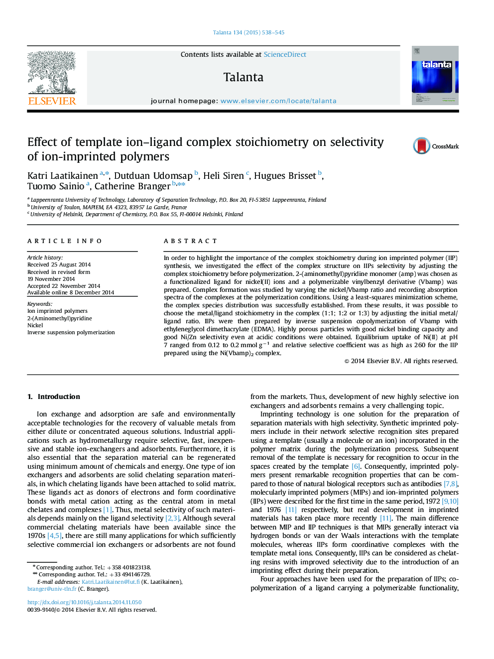 Effect of template ion–ligand complex stoichiometry on selectivity of ion-imprinted polymers