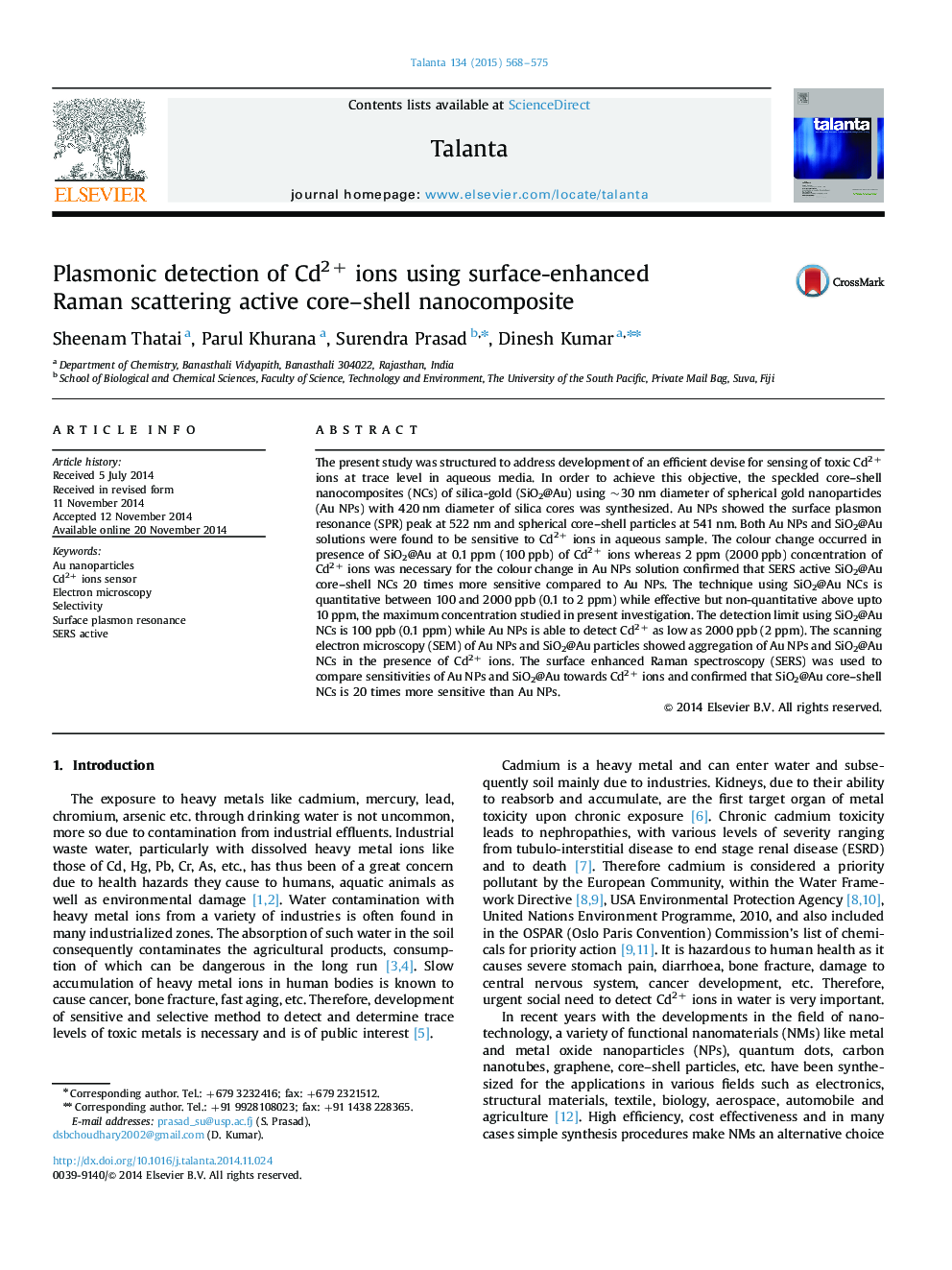 Plasmonic detection of Cd2+ ions using surface-enhanced Raman scattering active core-shell nanocomposite