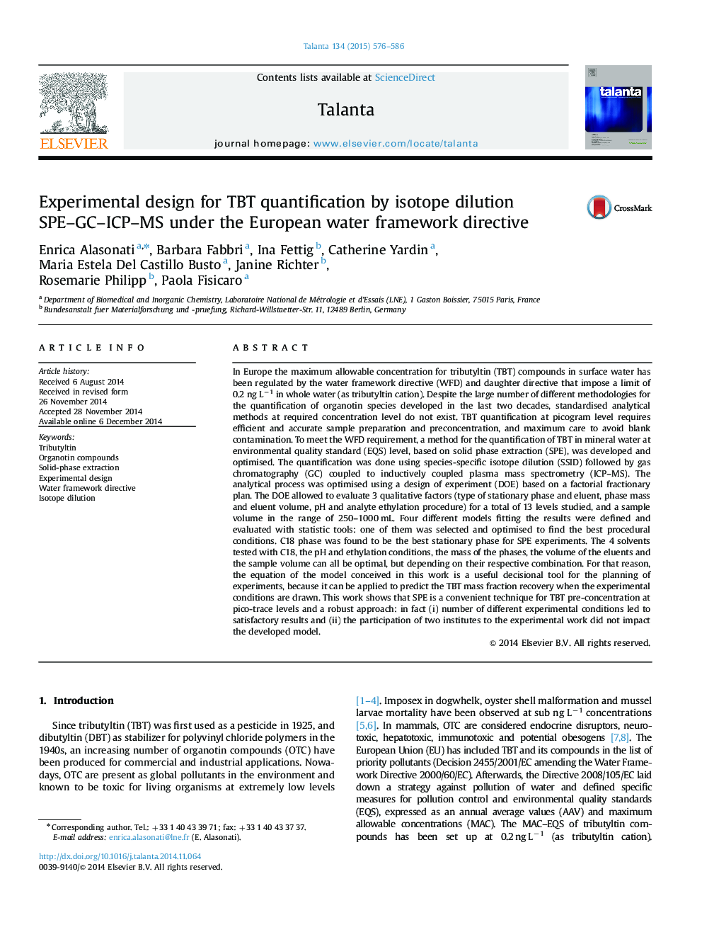 Experimental design for TBT quantification by isotope dilution SPE–GC–ICP–MS under the European water framework directive
