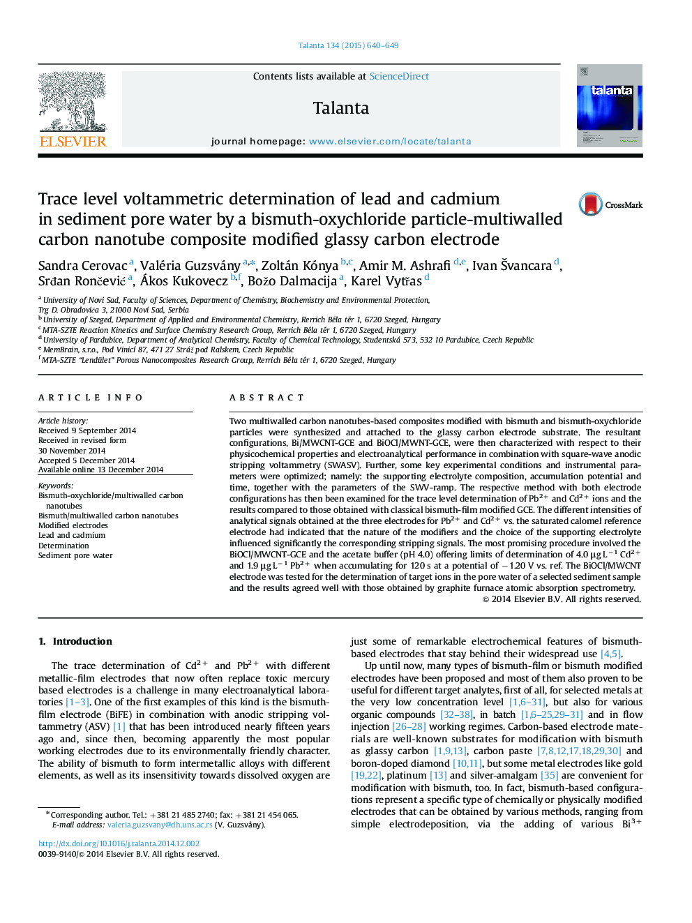 Trace level voltammetric determination of lead and cadmium in sediment pore water by a bismuth-oxychloride particle-multiwalled carbon nanotube composite modified glassy carbon electrode