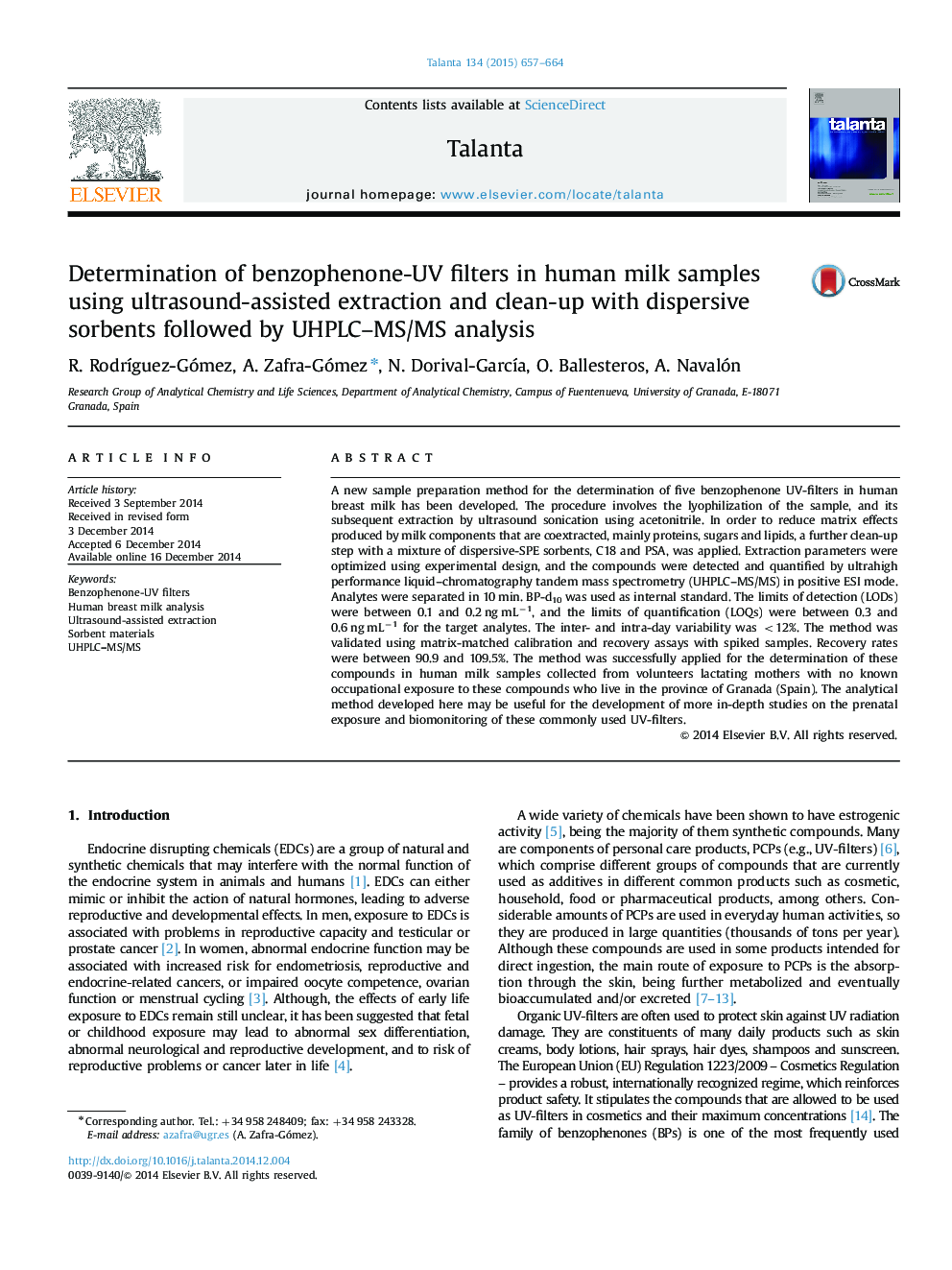 Determination of benzophenone-UV filters in human milk samples using ultrasound-assisted extraction and clean-up with dispersive sorbents followed by UHPLC–MS/MS analysis