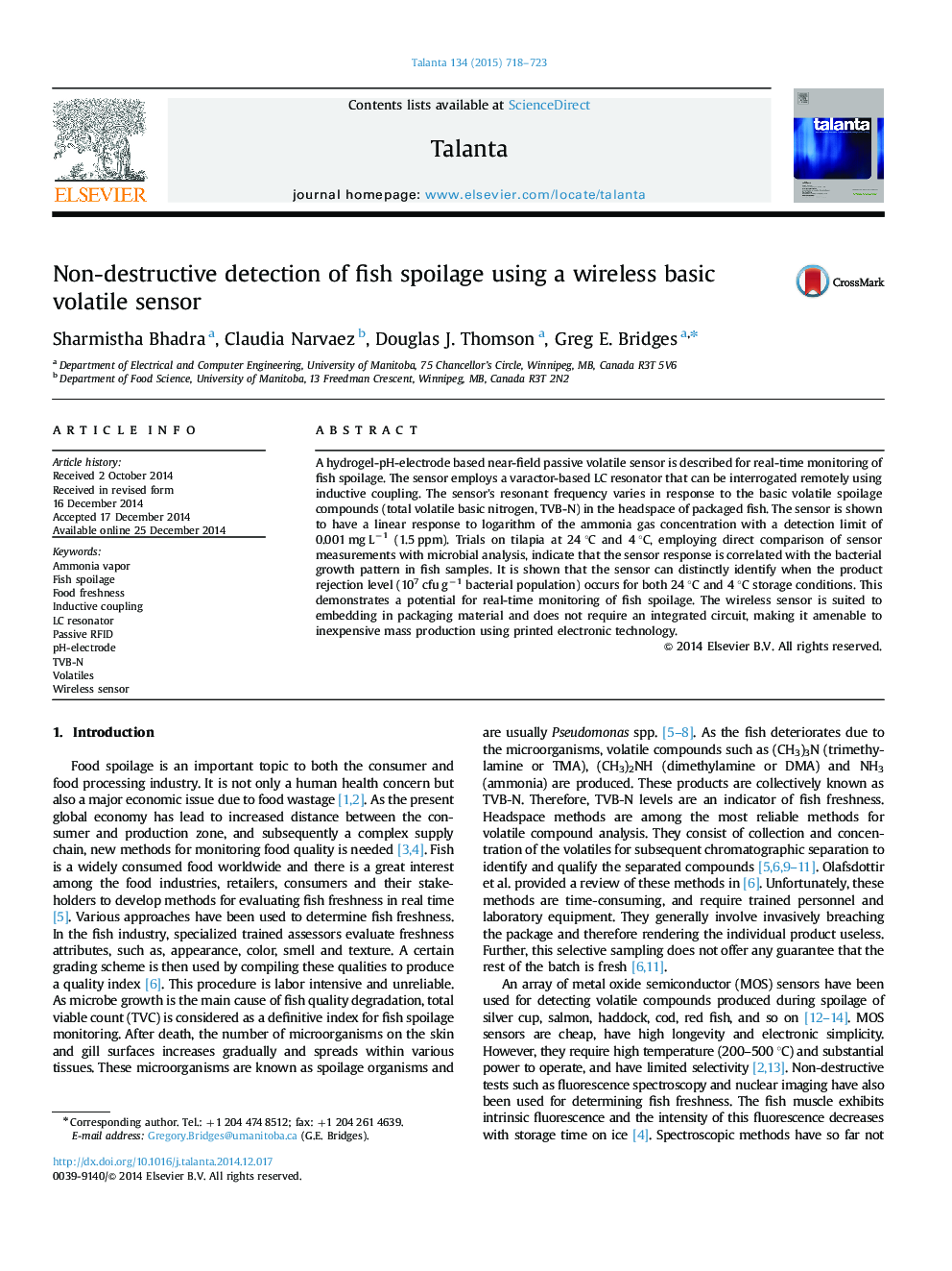 Non-destructive detection of fish spoilage using a wireless basic volatile sensor