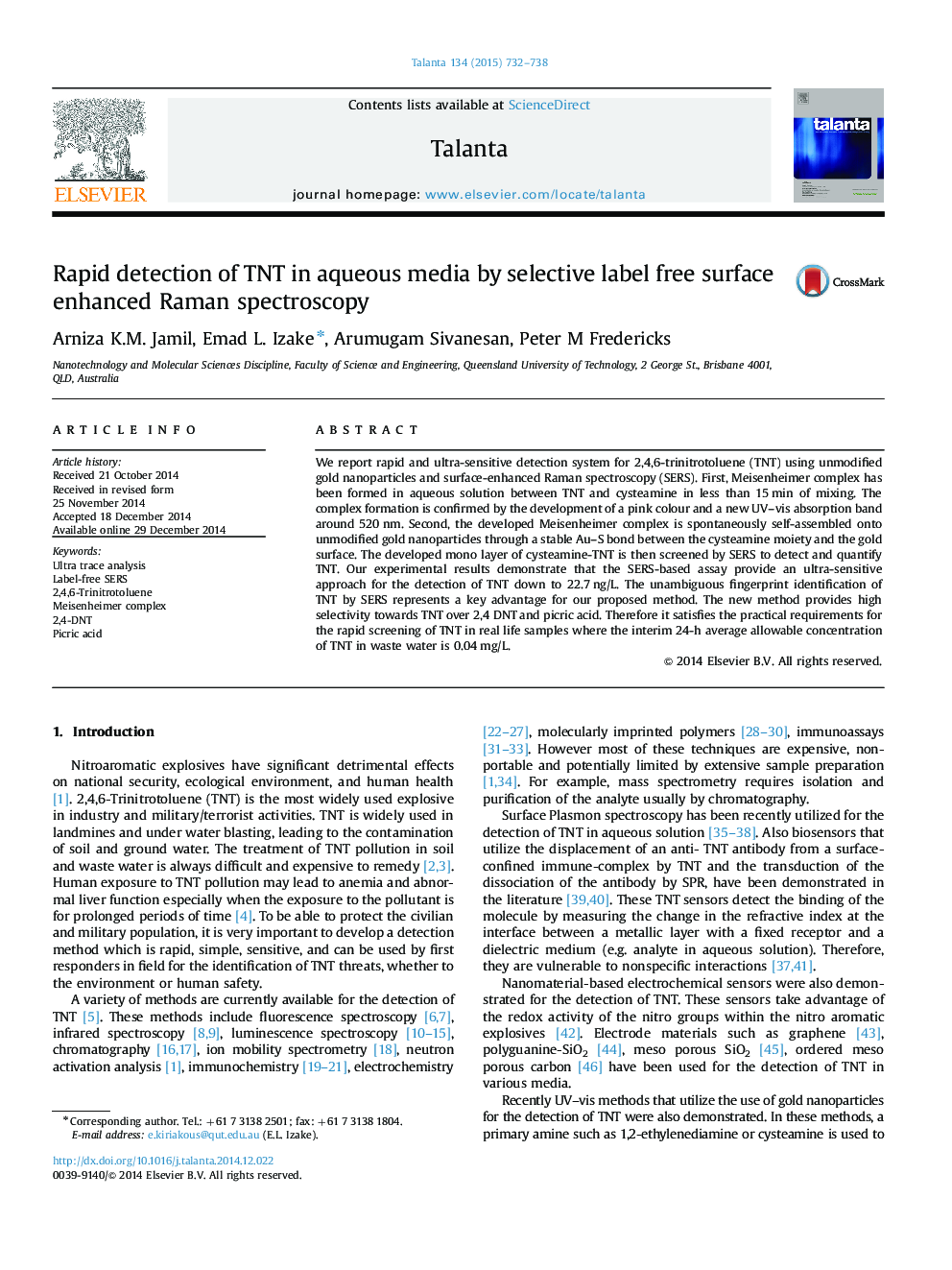 Rapid detection of TNT in aqueous media by selective label free surface enhanced Raman spectroscopy