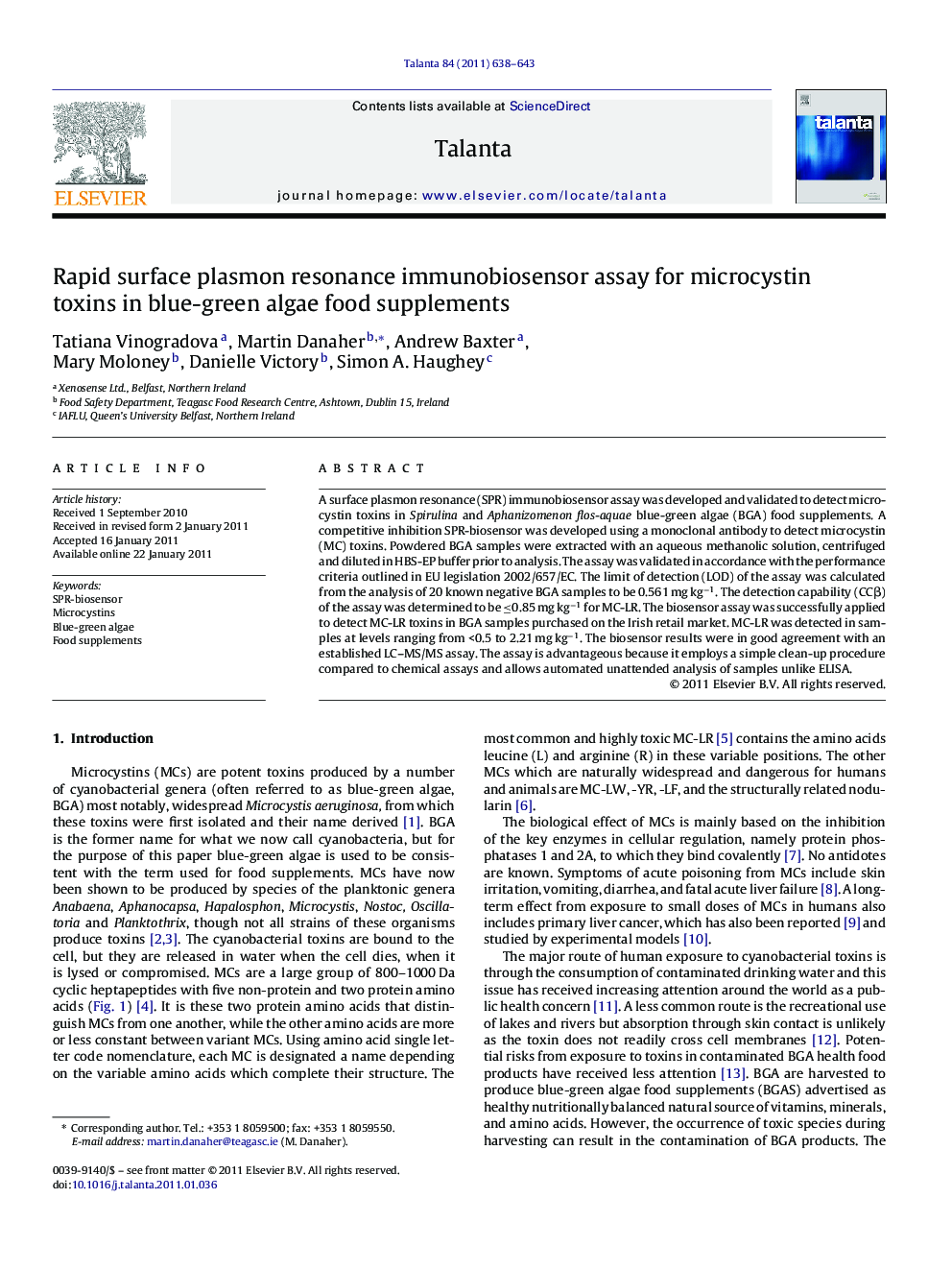 Rapid surface plasmon resonance immunobiosensor assay for microcystin toxins in blue-green algae food supplements