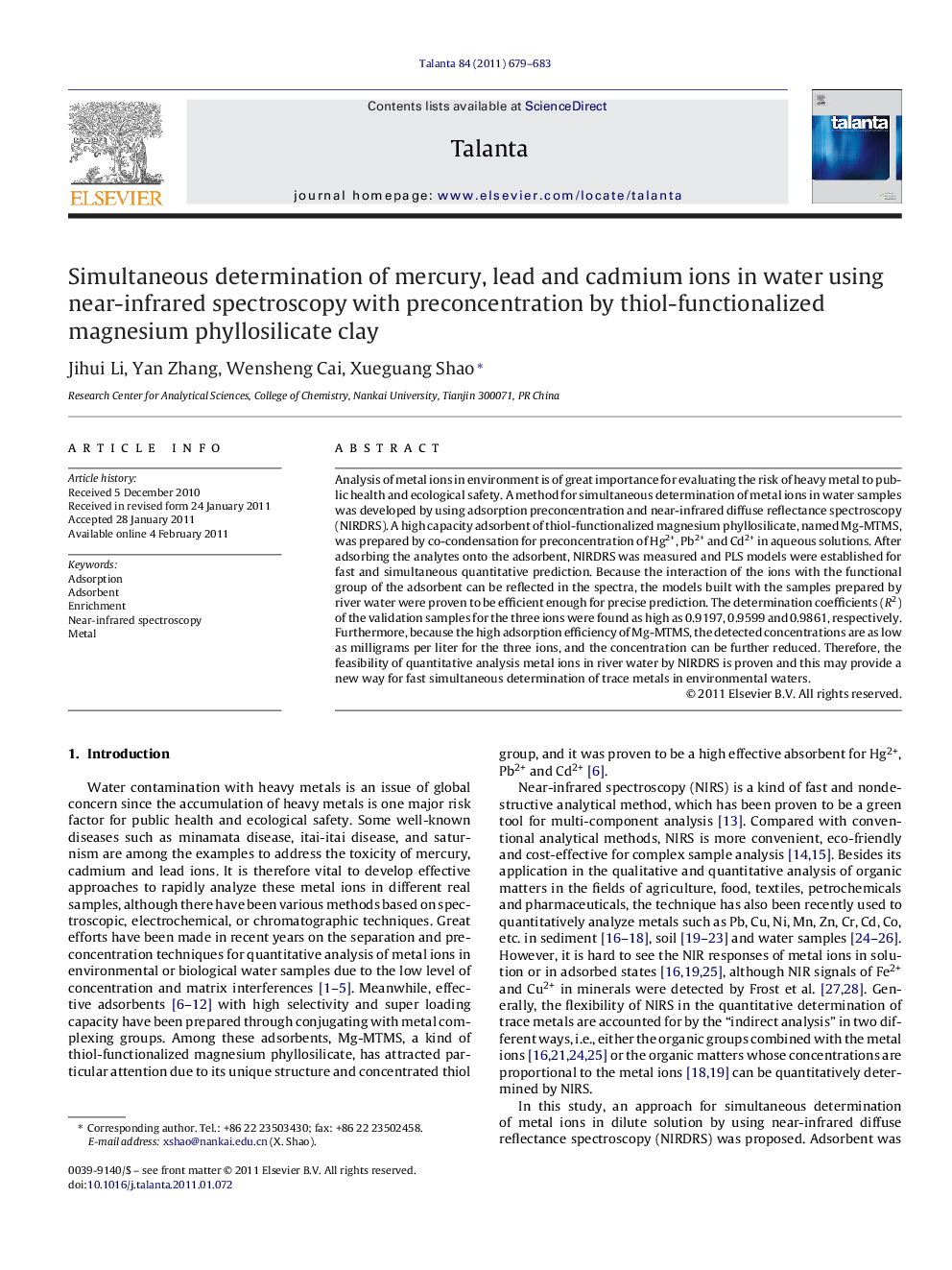 Simultaneous determination of mercury, lead and cadmium ions in water using near-infrared spectroscopy with preconcentration by thiol-functionalized magnesium phyllosilicate clay