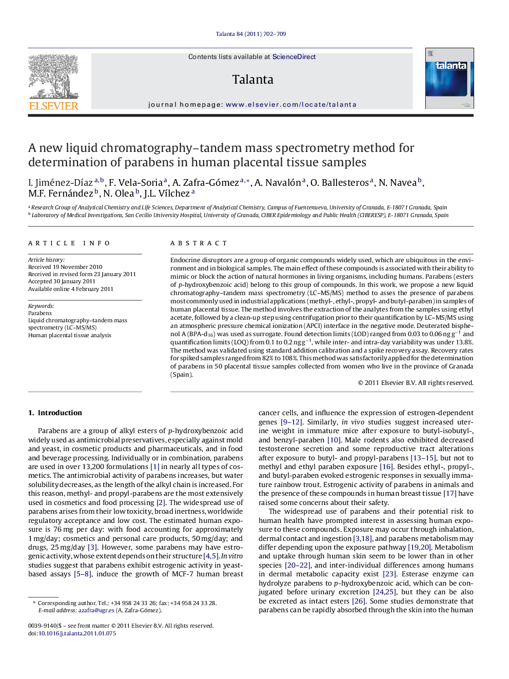 A new liquid chromatography–tandem mass spectrometry method for determination of parabens in human placental tissue samples