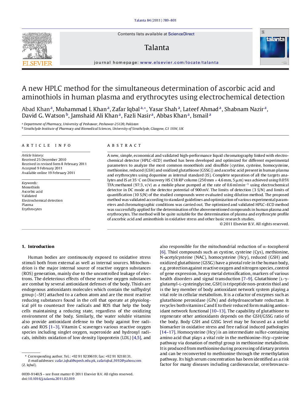 A new HPLC method for the simultaneous determination of ascorbic acid and aminothiols in human plasma and erythrocytes using electrochemical detection