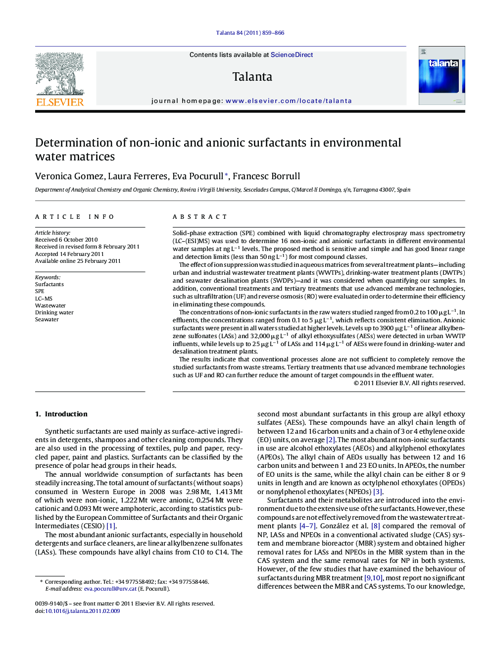 Determination of non-ionic and anionic surfactants in environmental water matrices