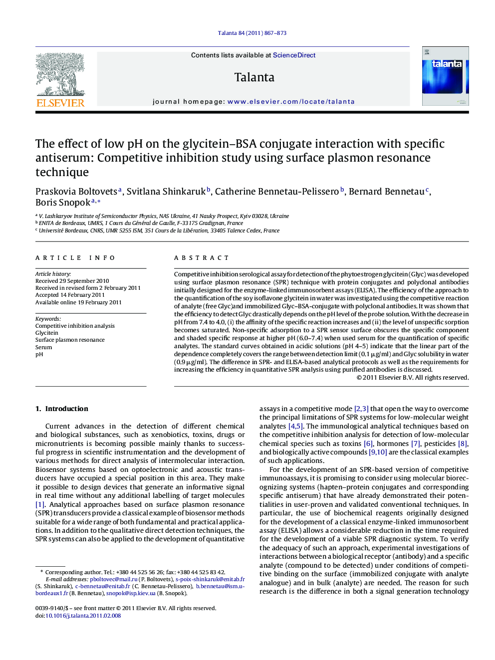 The effect of low pH on the glycitein–BSA conjugate interaction with specific antiserum: Competitive inhibition study using surface plasmon resonance technique