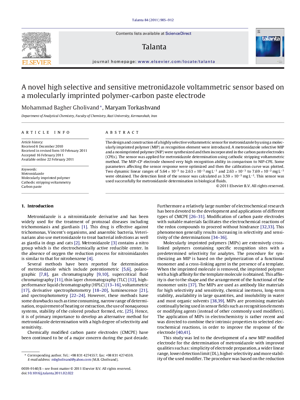 A novel high selective and sensitive metronidazole voltammetric sensor based on a molecularly imprinted polymer-carbon paste electrode