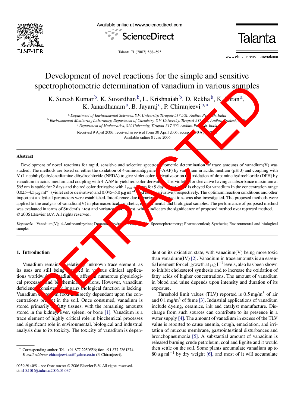 RETRACTED: Development of novel reactions for the simple and sensitive spectrophotometric determination of vanadium in various samples