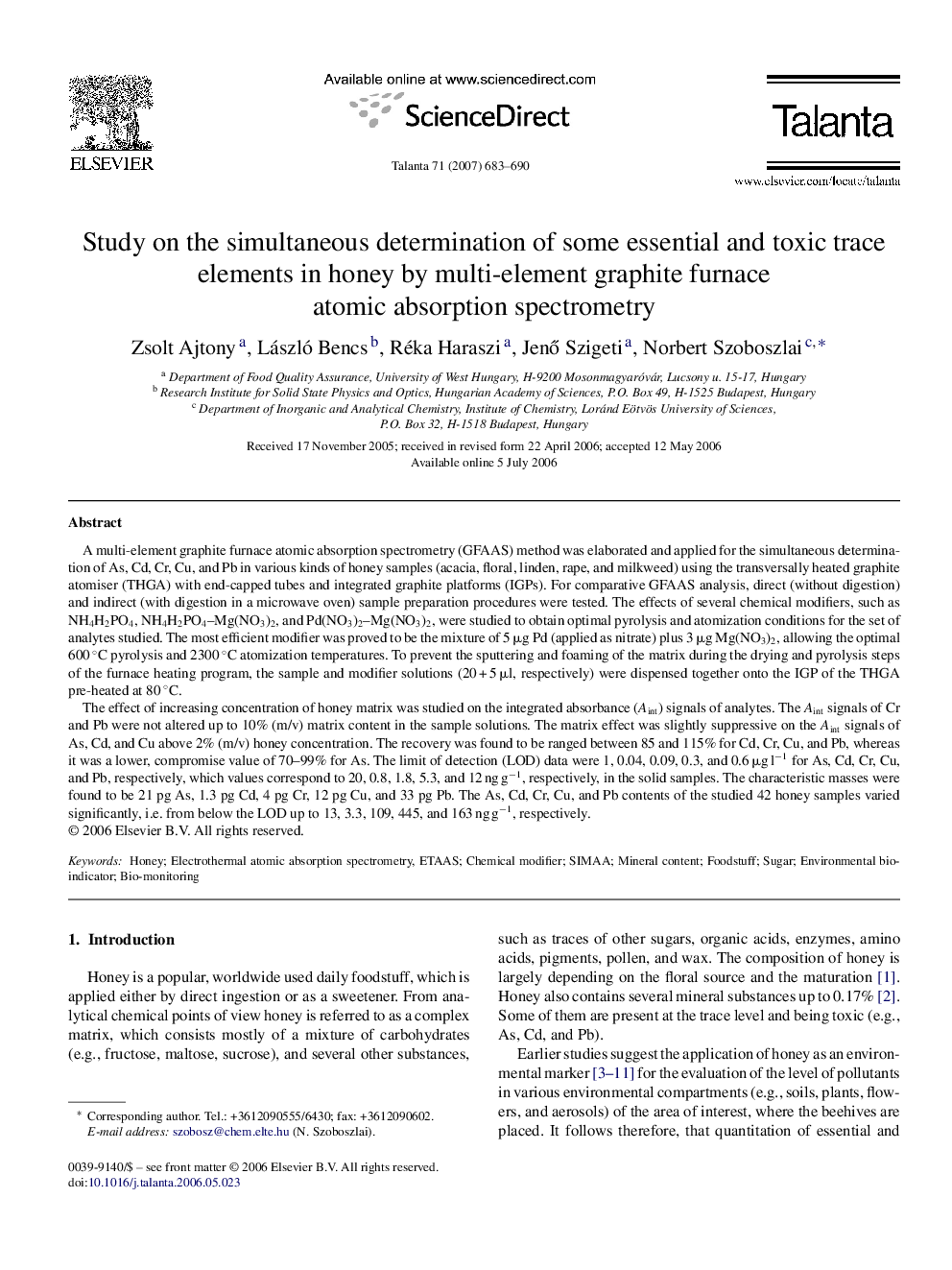 Study on the simultaneous determination of some essential and toxic trace elements in honey by multi-element graphite furnace atomic absorption spectrometry