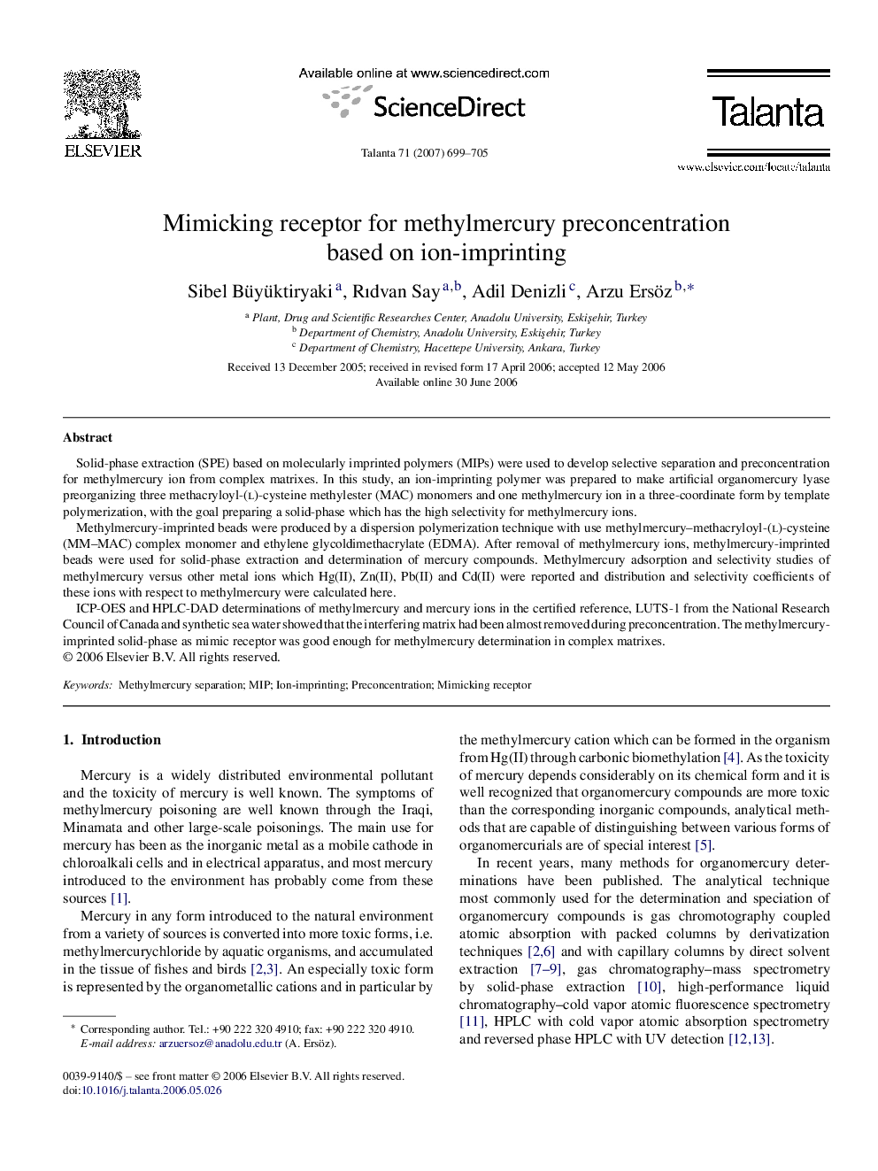 Mimicking receptor for methylmercury preconcentration based on ion-imprinting