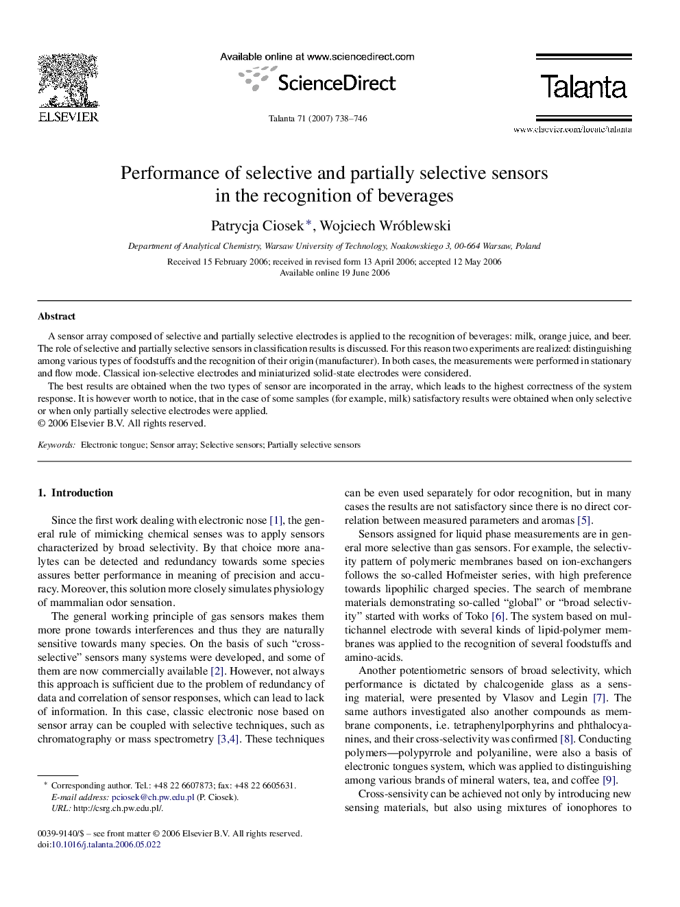 Performance of selective and partially selective sensors in the recognition of beverages