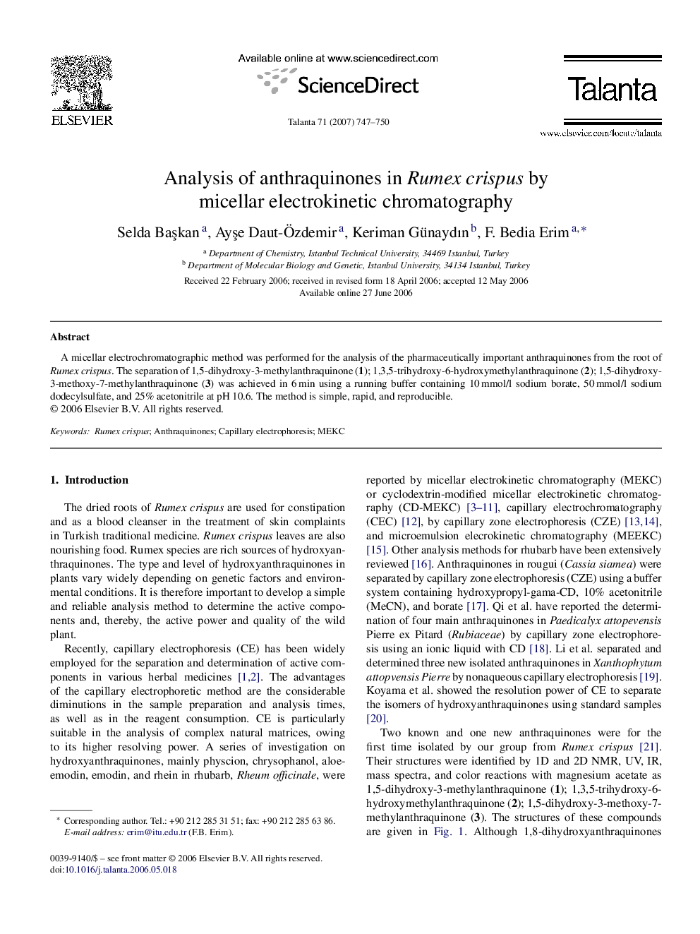 Analysis of anthraquinones in Rumex crispus by micellar electrokinetic chromatography