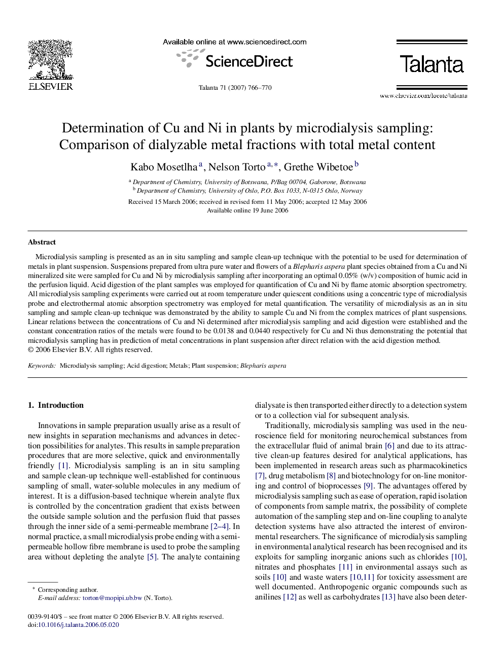 Determination of Cu and Ni in plants by microdialysis sampling: Comparison of dialyzable metal fractions with total metal content