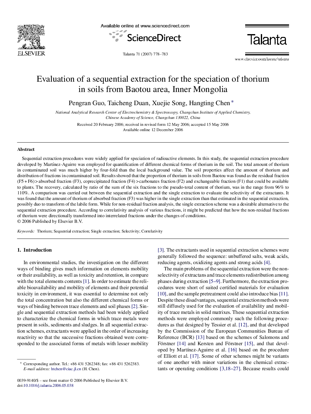 Evaluation of a sequential extraction for the speciation of thorium in soils from Baotou area, Inner Mongolia