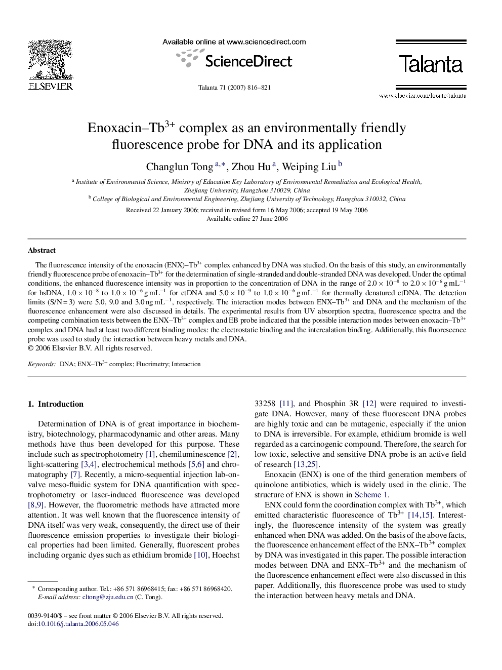 Enoxacin–Tb3+ complex as an environmentally friendly fluorescence probe for DNA and its application