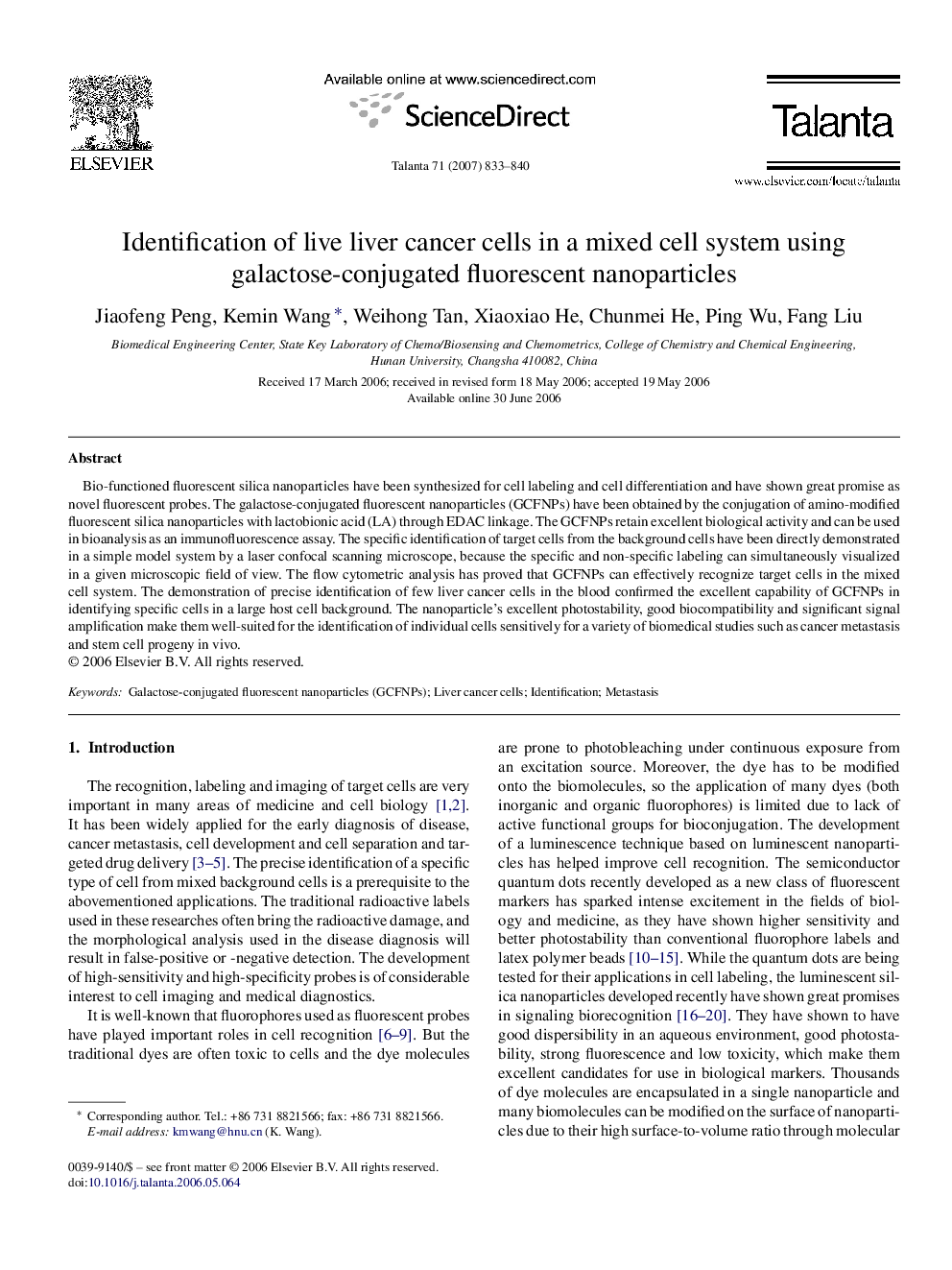 Identification of live liver cancer cells in a mixed cell system using galactose-conjugated fluorescent nanoparticles