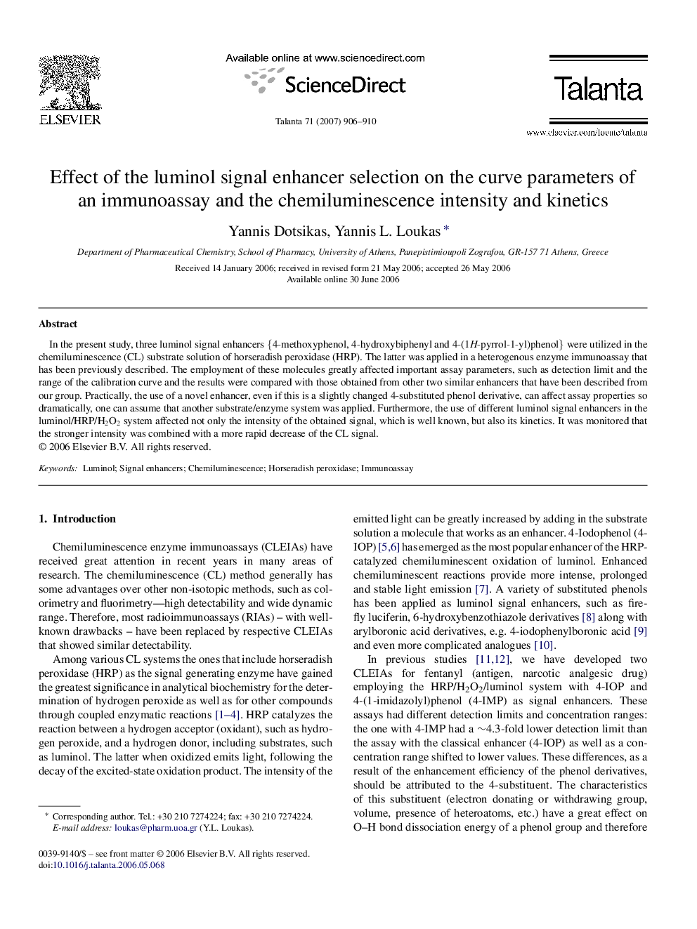 Effect of the luminol signal enhancer selection on the curve parameters of an immunoassay and the chemiluminescence intensity and kinetics