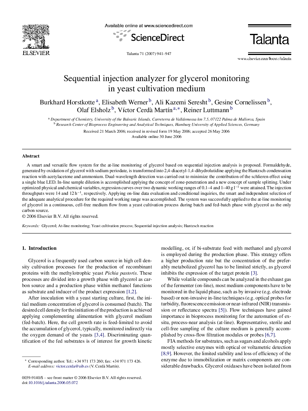 Sequential injection analyzer for glycerol monitoring in yeast cultivation medium