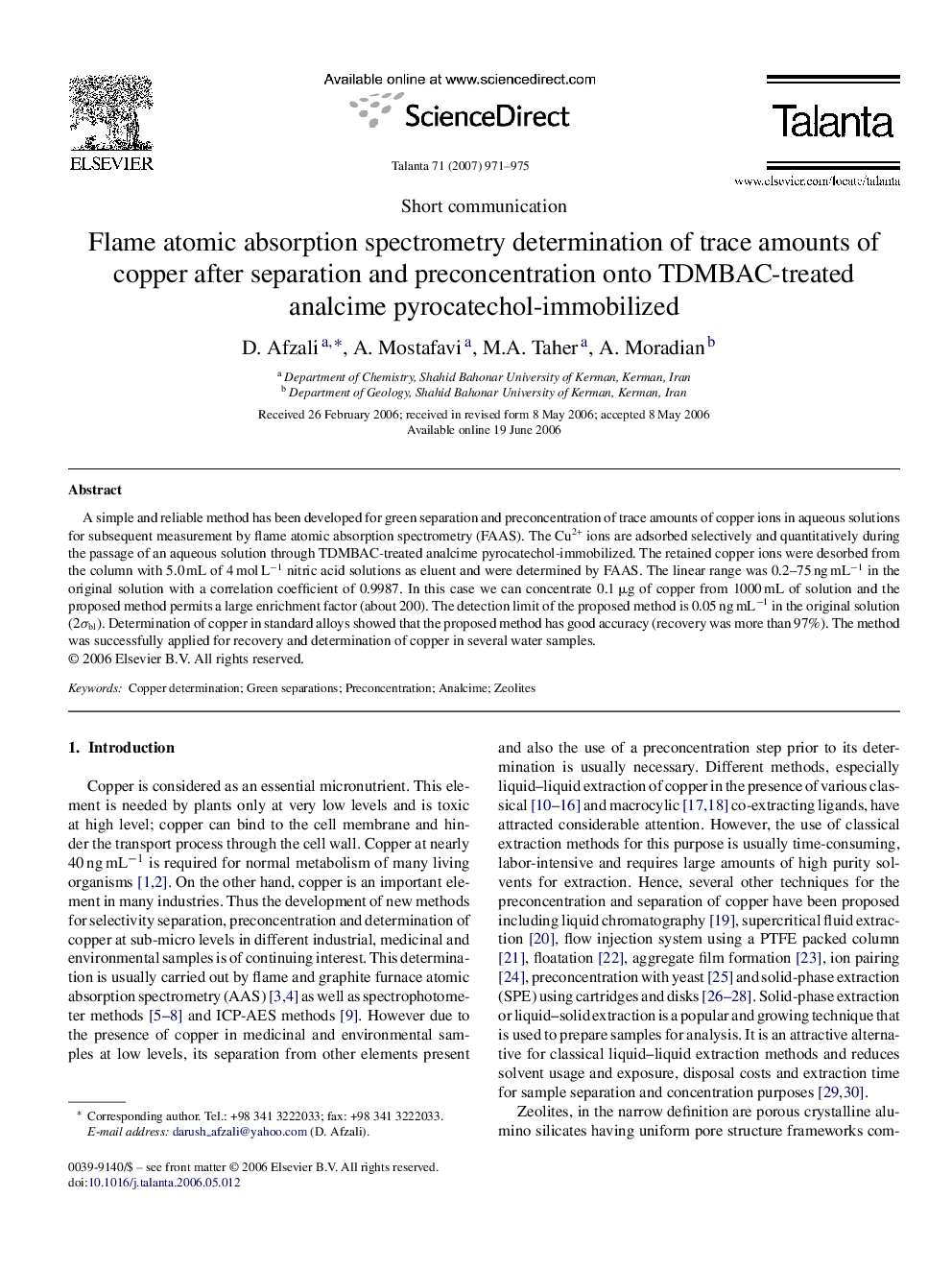 Flame atomic absorption spectrometry determination of trace amounts of copper after separation and preconcentration onto TDMBAC-treated analcime pyrocatechol-immobilized