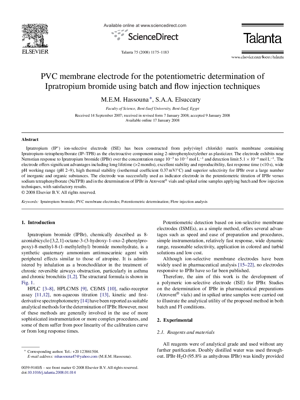 PVC membrane electrode for the potentiometric determination of Ipratropium bromide using batch and flow injection techniques