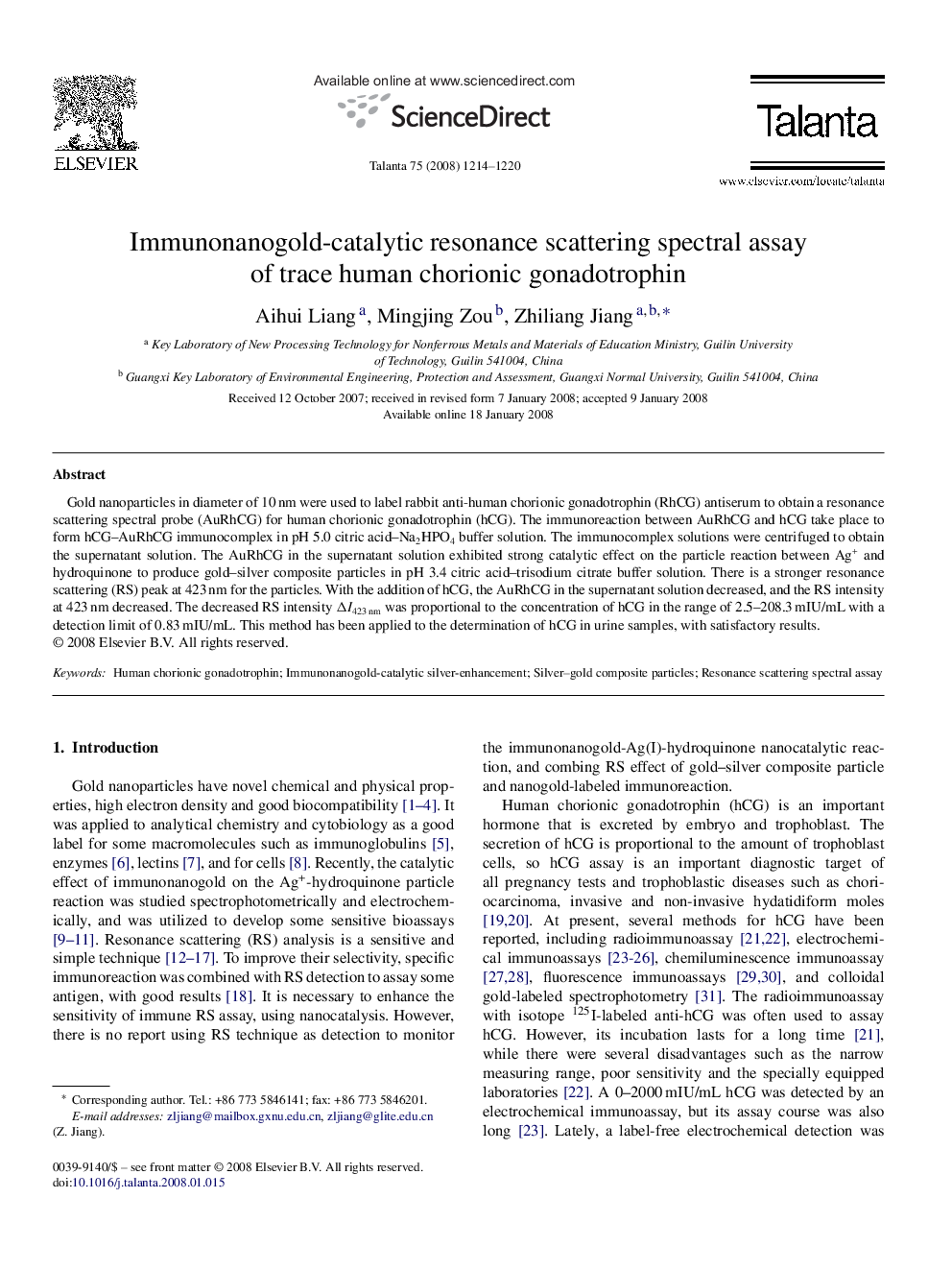 Immunonanogold-catalytic resonance scattering spectral assay of trace human chorionic gonadotrophin