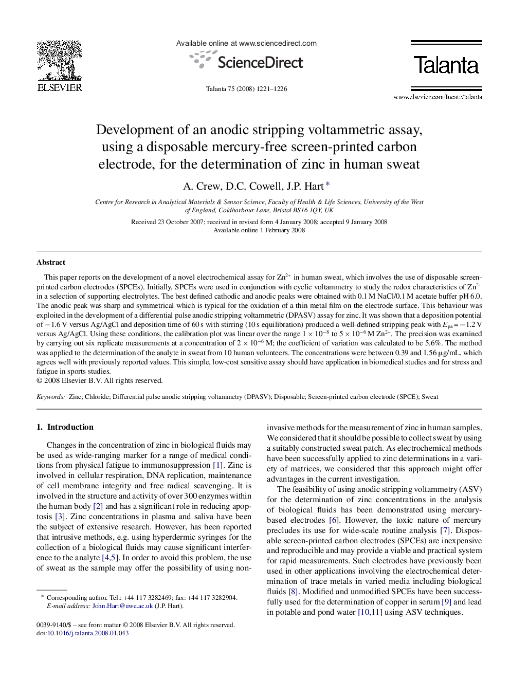 Development of an anodic stripping voltammetric assay, using a disposable mercury-free screen-printed carbon electrode, for the determination of zinc in human sweat