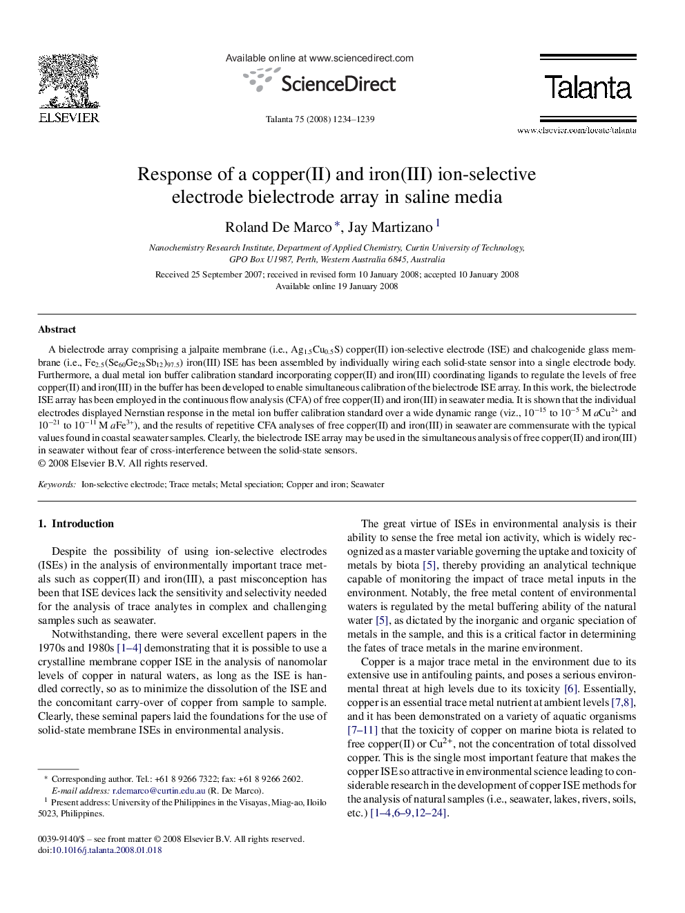 Response of a copper(II) and iron(III) ion-selective electrode bielectrode array in saline media